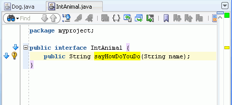 Source editor for IntAnimal shows that the sayHi method has been replaced by sayHowDoYouDo (highlighted in yellow).