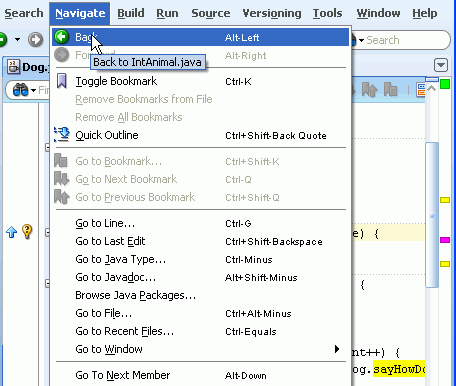 Source editor with Navigate menu option in main menu bar selected and Back menu item chosen from the list of menu items.