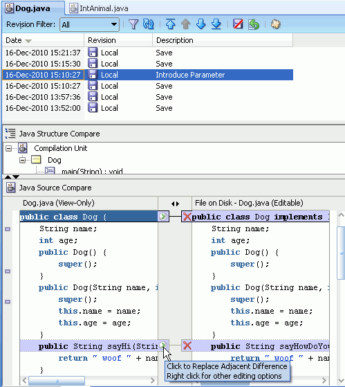 History window with Introduce Parameter revision selected in top part of window. The sayHi method is selected in the bottom part of the window, next to the revision - the sayHowDoYouDo method.