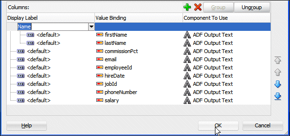 Edit Table Columns dialog