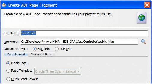 Create ADF Page Fragment dialog