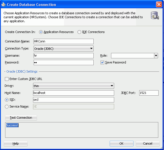 Create Database Connection dialog with values completed and Test Connection box showing Success!