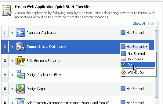 Checklist with cursor over Done in status drop down list.