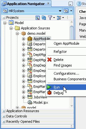App Navigator with right mouse menu for AppModule. The Run option is selected on the menu.