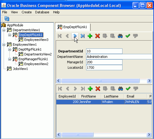 Business Components Browser with EmpDeptFkLink1 selected, showing information about a Department and list of employees belonging to it.