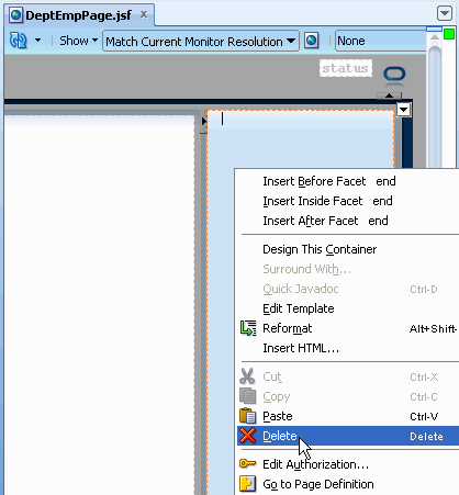 DeptEmpPage with cursor positioned in the right-hand area and right-mouse menu showing Delete option selected.