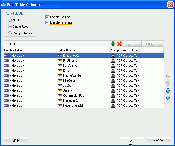 Edit Table Columns dialog with Enable Sorting and Enable Filtering checkboxes checked and cursor over the OK button.