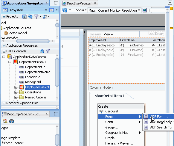 Data Controls accordion with EmployeesView3 selected and being dragged onto the panel tabbed component as an ADF Form.