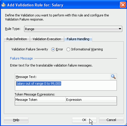 Add Validation Rule dialog as before but displaying Failure Handling tab with error message defined.