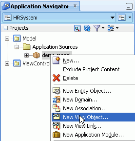 App Navigator with demo.model package selected and New View Object chosed from context menu.