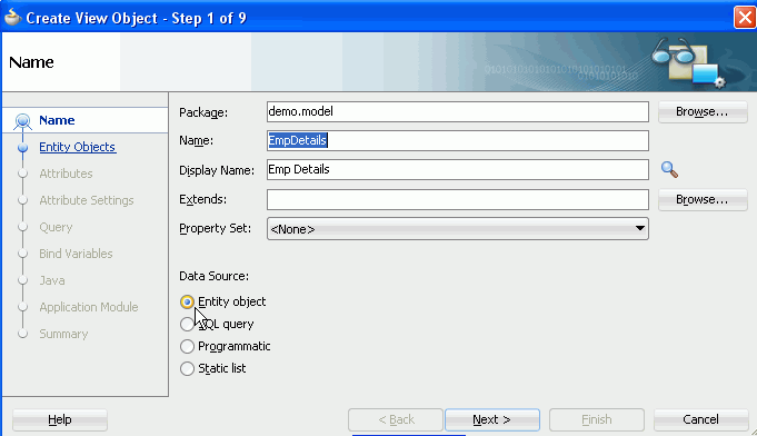 Create View Object wizard Step 1 with EmpDetails in Name field and Entity Object radio button clicked.