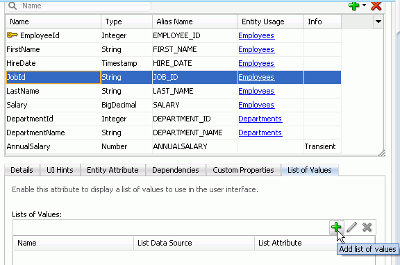 List of Values tab with cursor over the green plus to add a new LOV.