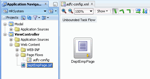 App Navigator on left of screenshot with DeptEmpPage selected and on right, DeptEmpPage displayed in task flow diagram.