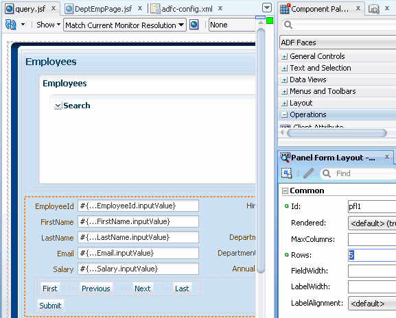 Search page with panelFormLayout selected and on right, Rows property in PI with value 5 highlighted.