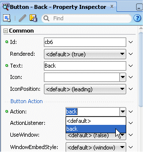 PI showing Button properties with Action property dropdown and back selected.