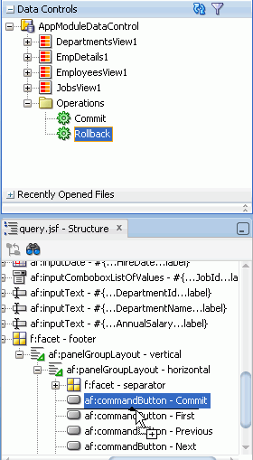 Data Controls accordion with Rollback operation selected; below it the Structure window with cursor pointing above the First command button