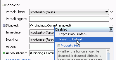 PI with drop down list for Disabled property and Reset to Default option selected.