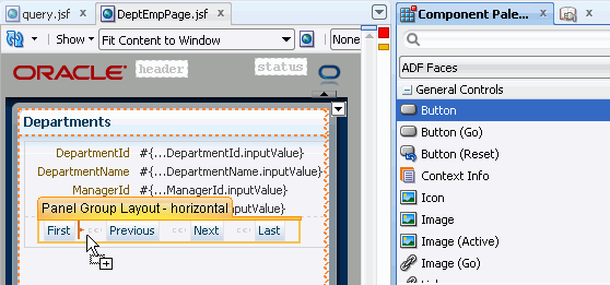 Component Palette with Button component selected and cursor dragging it to Departments page (on left).