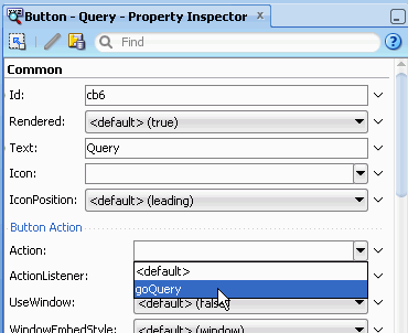 PI with Query in Text property anddrop down list to right of Action property with goQuery option selected.