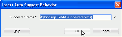 Insert Auto Suggest Behavior dialog with bindings String highlighted in Suggested Items field.