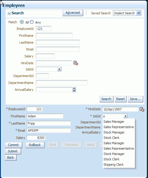 Search page with 121 in EmployeeId field and record for Adam Fripp displayed in results fields. JobId field contains letter 's' and displays list of jobs beginning with letter 's'.
