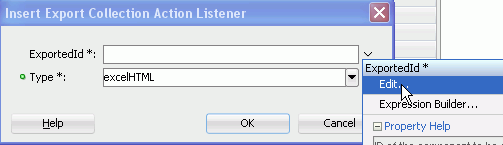 Insert Export Collection Action Listener dialog with drop down menu and Edit option selected.