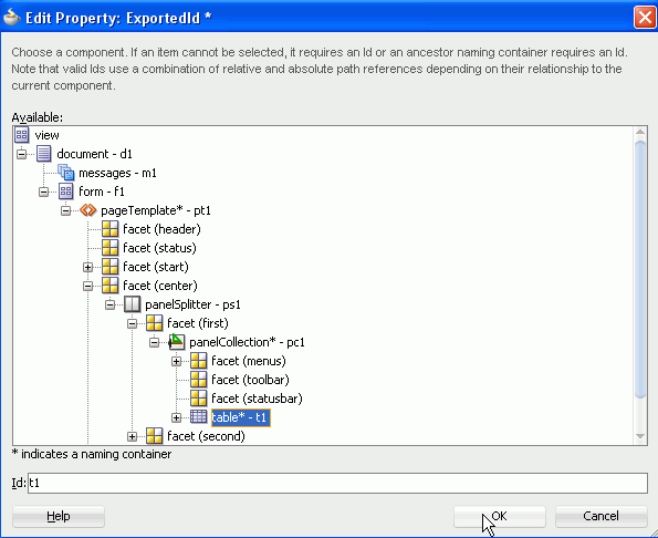 Edit Property:ExportedId dialog with table selected and cursor over OK.