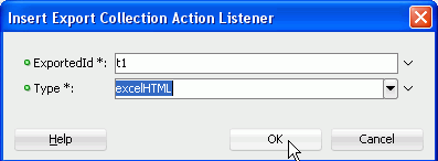 Insert Export Collection Action Listener dialog with excelHTML highlighted in Type field, and cursor over OK.