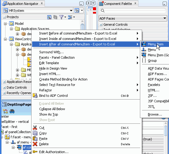 Structure window with menu item selected and Insert after af:commandMenuItem - Export to Excel > Menu Item selected in context.