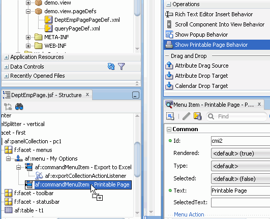 Structure window and Comp Palette side by side with Show Printable Page Behavior operation being dragged onto the Printable Page menu item.