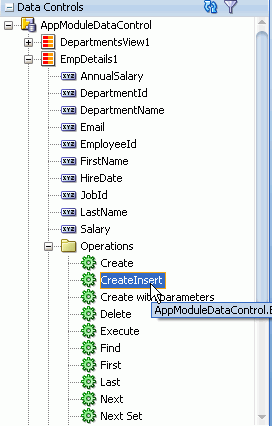 Data Controls accordion with EmpDetails1 node expanded and Operations node expanded. CreateInsert Operation is selected