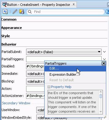 PI for ADF Button with dropdown box for PartialTriggers property. Edit option selected.