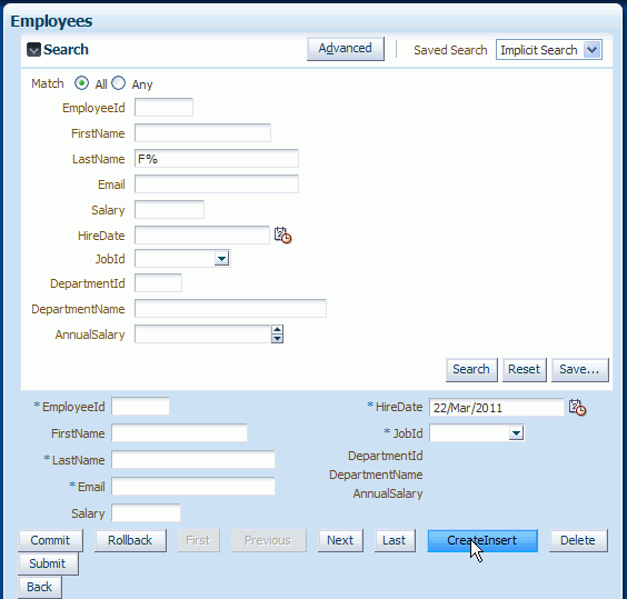 Run time view of Query page with F% in LastName field as before. Cursor over CreateInsert button and Pat fay record has been refreshed to show empty fields allowing for new record to be inserted.