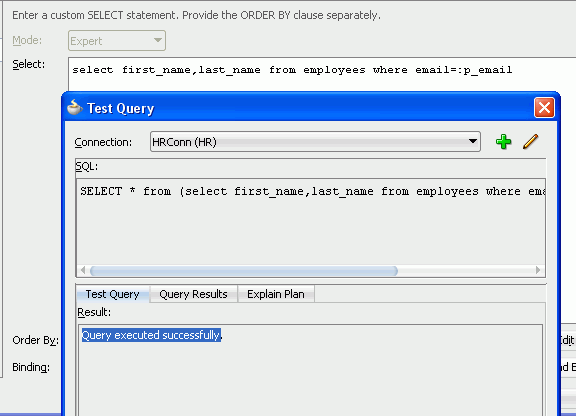 Screenshot of part of Step 2 of wizard showing Select statement and results box from testing the statement. 'Query executed successfully' reported in Result box.