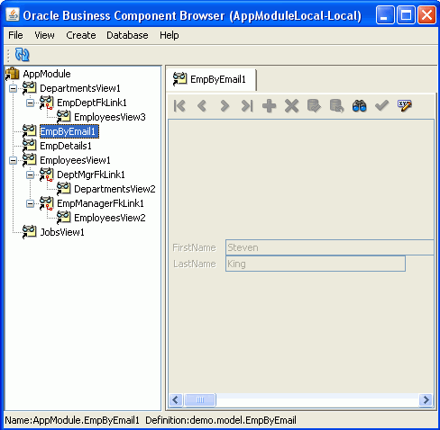 Bus Comp browser showing results of pressing OK in previous image: FirstName and LastName fileds have values displayed for the email value entered previously.