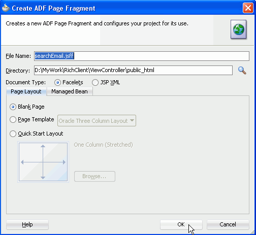 Create ADF Page Fragment dialog with File Name searchEmail.jsff highlighted and cursor over OK button.