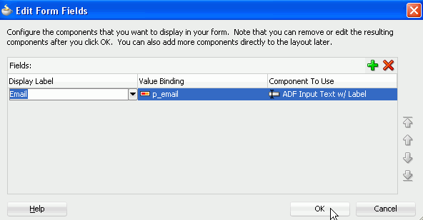 Edit Form Fields dialog with the p_email field selected and Display Label field changed to Email.