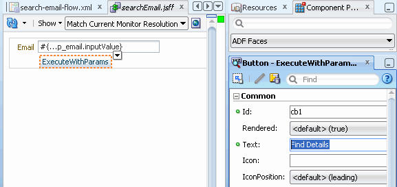 searchEmail.jsff open in design Editor with ExecuteWithParams button selected. PI shows properties with Text property set to Find Details.