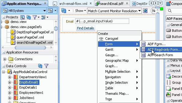 App Navigator with EmpByEmail selected in Data Controls accordion. Design Editor shows the view being dropped onto the page fragment as an ADF Read-only Form.