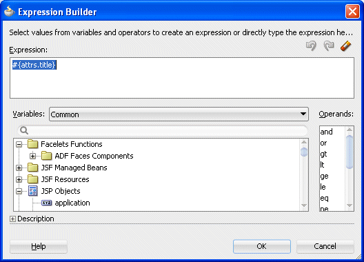 expression builder setting the value to #{attrs.title}