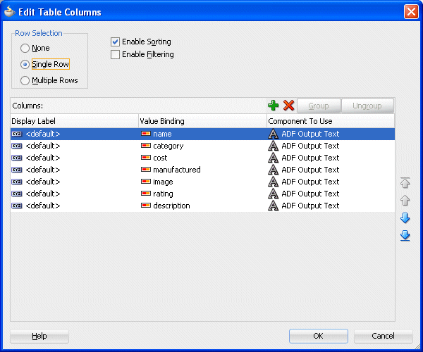 edit table columns dialog window