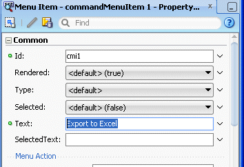 property inspector with text property set to Export to Excell