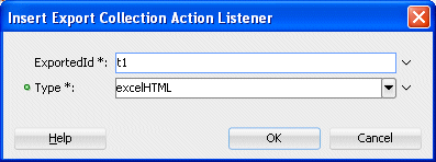 Export Collection dialog pane with excelHTML in the type property