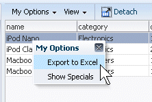detached menu option and export to excell item highlighted