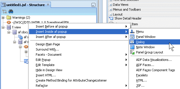conect menu on popup to insert inside the popup a dialog