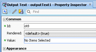 property inspector showing Value set to No Items Selected