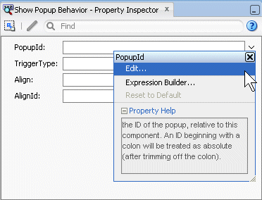 edit selected for PopupId property in property inspector