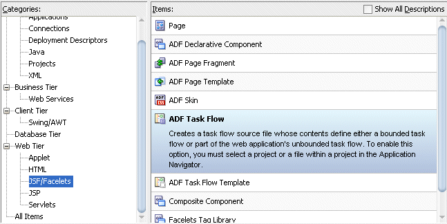 new gallery selecting the adf task flow