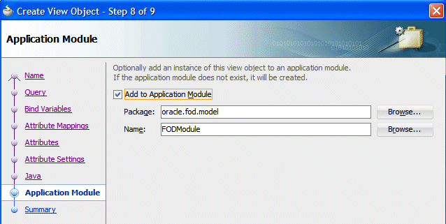Application Module step in the Create View Object
