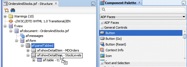 The Structure pane and the Component Palette
